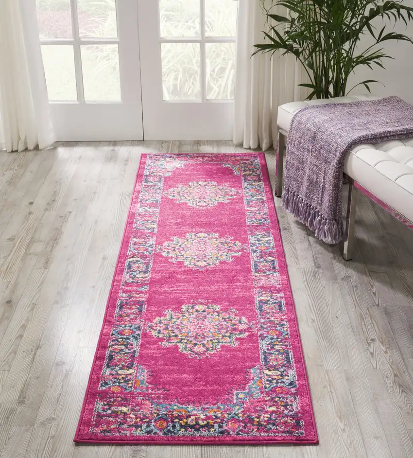 8' Fuchsia And Blue Oriental Distressed Runner Rug Photo 5