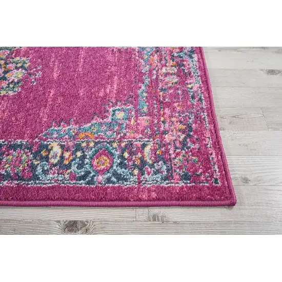 8' Fuchsia And Blue Oriental Distressed Runner Rug Photo 8