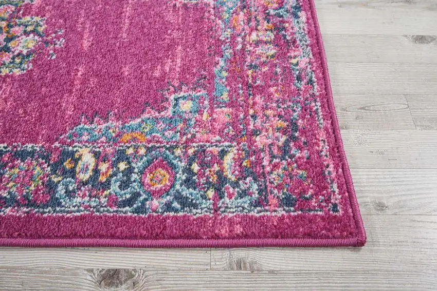 8' Fuchsia And Blue Oriental Distressed Runner Rug Photo 8