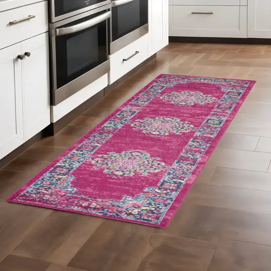 8' Fuchsia And Blue Oriental Distressed Runner Rug Photo 1