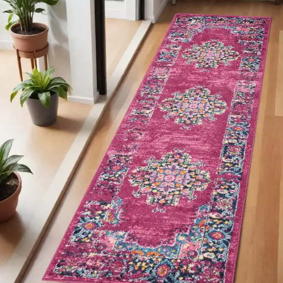 6' Fuchsia And Blue Oriental Distressed Runner Rug Photo 2
