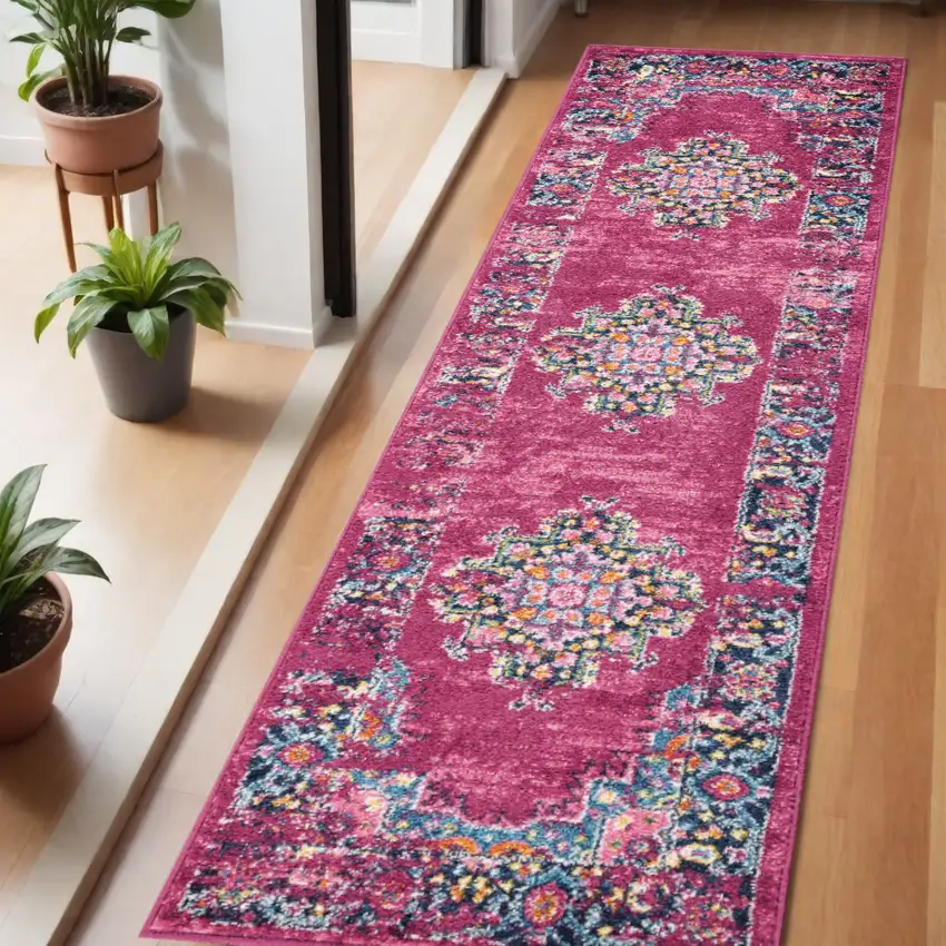 6' Fuchsia And Blue Oriental Distressed Runner Rug Photo 2