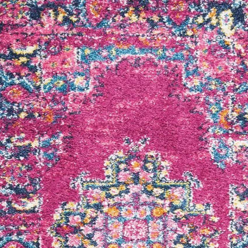 6' Fuchsia And Blue Oriental Distressed Runner Rug Photo 3