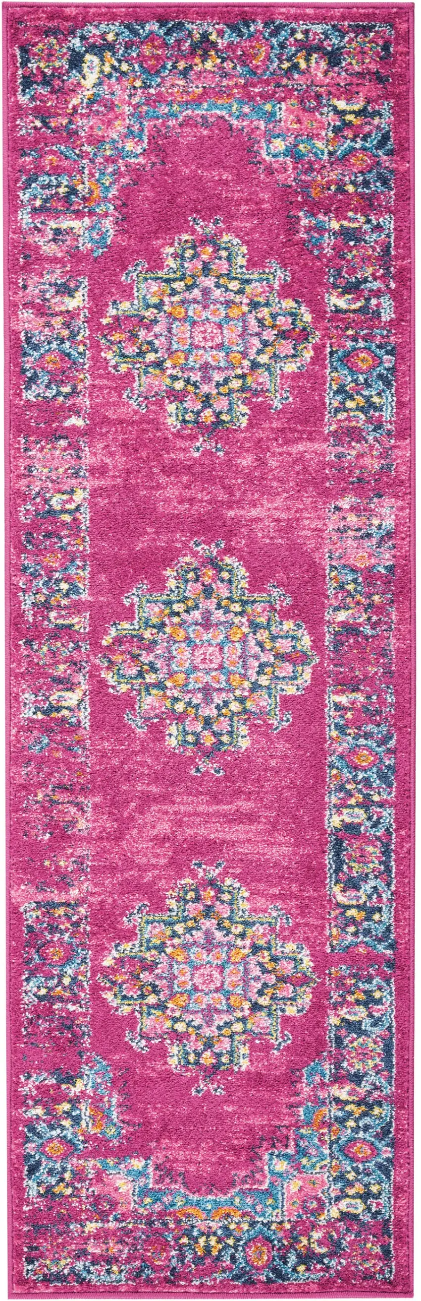Fuchsia and Blue Distressed Runner Rug Photo 1