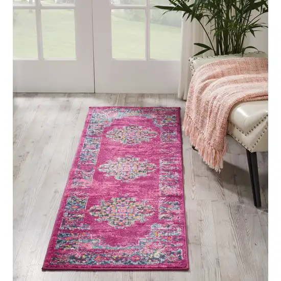 6' Fuchsia And Blue Oriental Distressed Runner Rug Photo 4