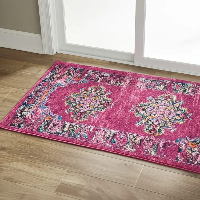 6' Fuchsia And Blue Oriental Distressed Runner Rug Photo 2