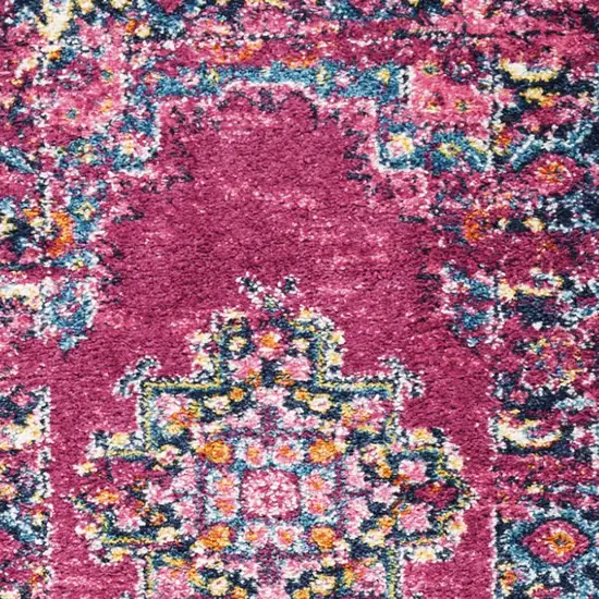 6' Fuchsia And Blue Oriental Distressed Runner Rug Photo 7