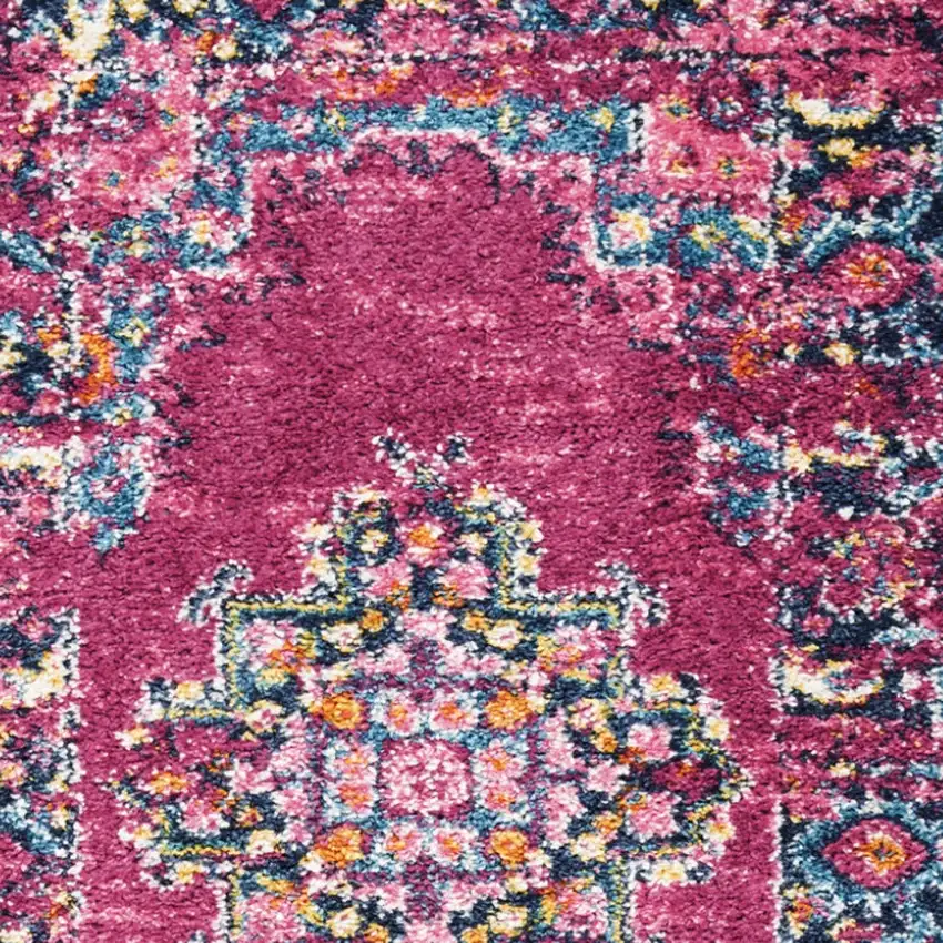 6' Fuchsia And Blue Oriental Distressed Runner Rug Photo 7