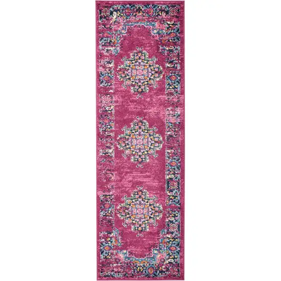 6' Fuchsia And Blue Oriental Distressed Runner Rug Photo 8