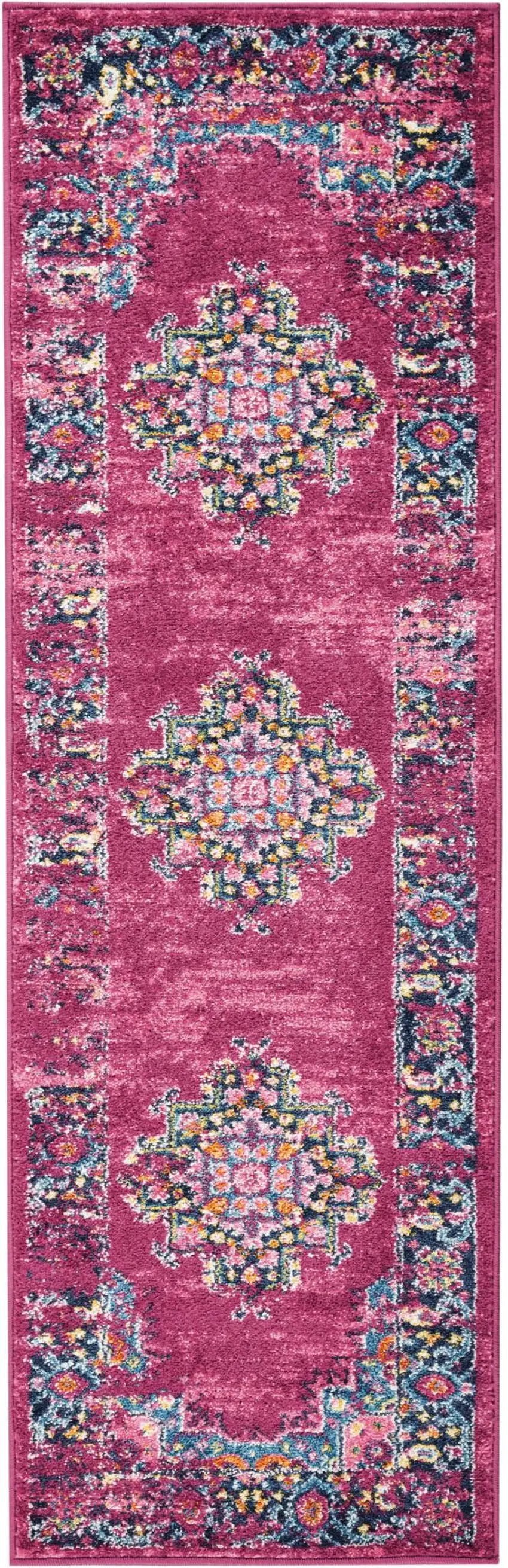 6' Fuchsia And Blue Oriental Distressed Runner Rug Photo 8