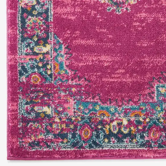 6' Fuchsia And Blue Oriental Distressed Runner Rug Photo 8