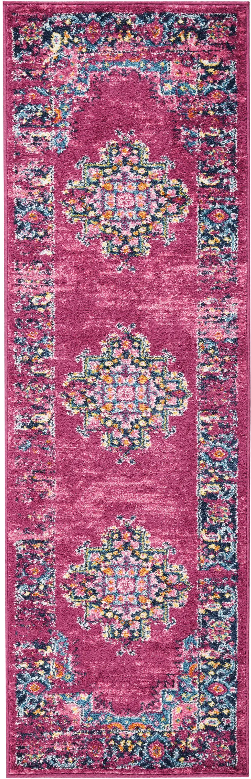 6' Fuchsia And Blue Oriental Distressed Runner Rug Photo 3