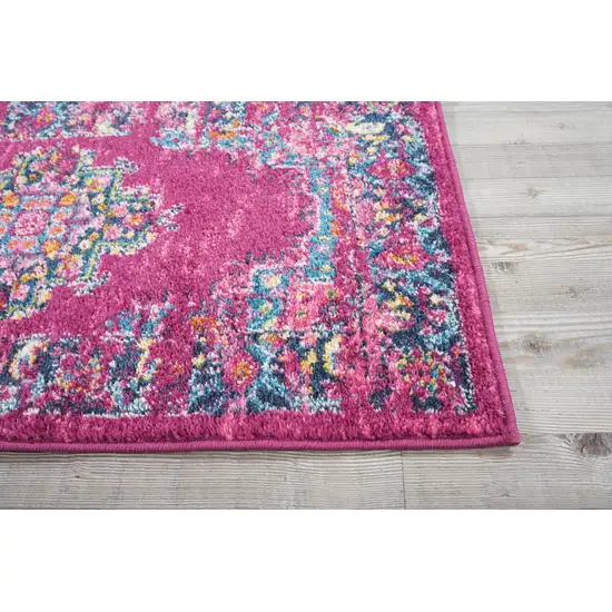 6' Fuchsia And Blue Oriental Distressed Runner Rug Photo 9