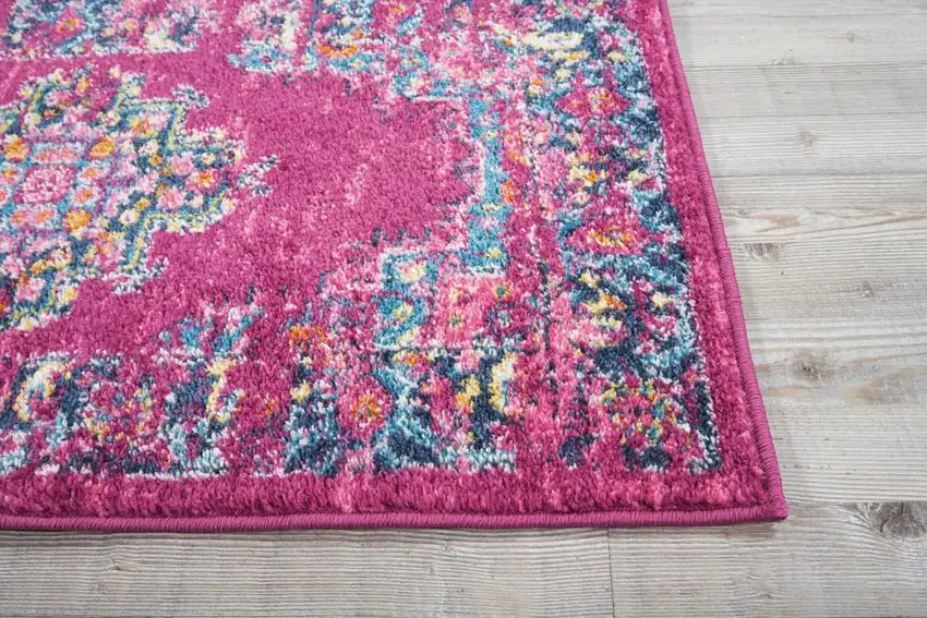 6' Fuchsia And Blue Oriental Distressed Runner Rug Photo 9