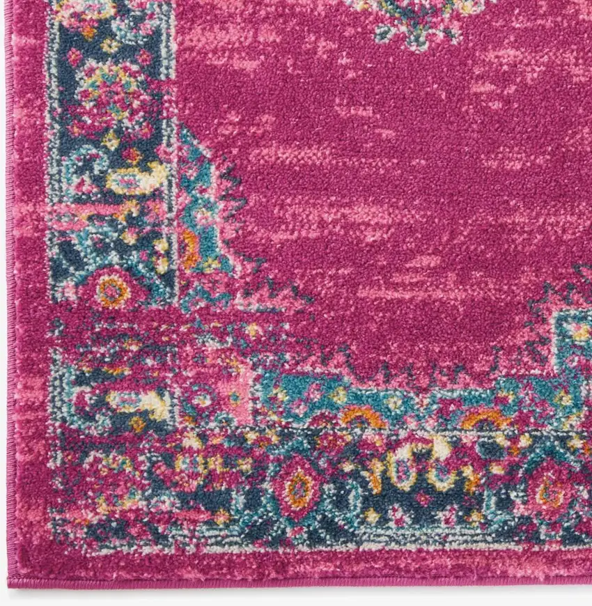 Fuchsia And Blue Oriental Distressed Area Rug Photo 8