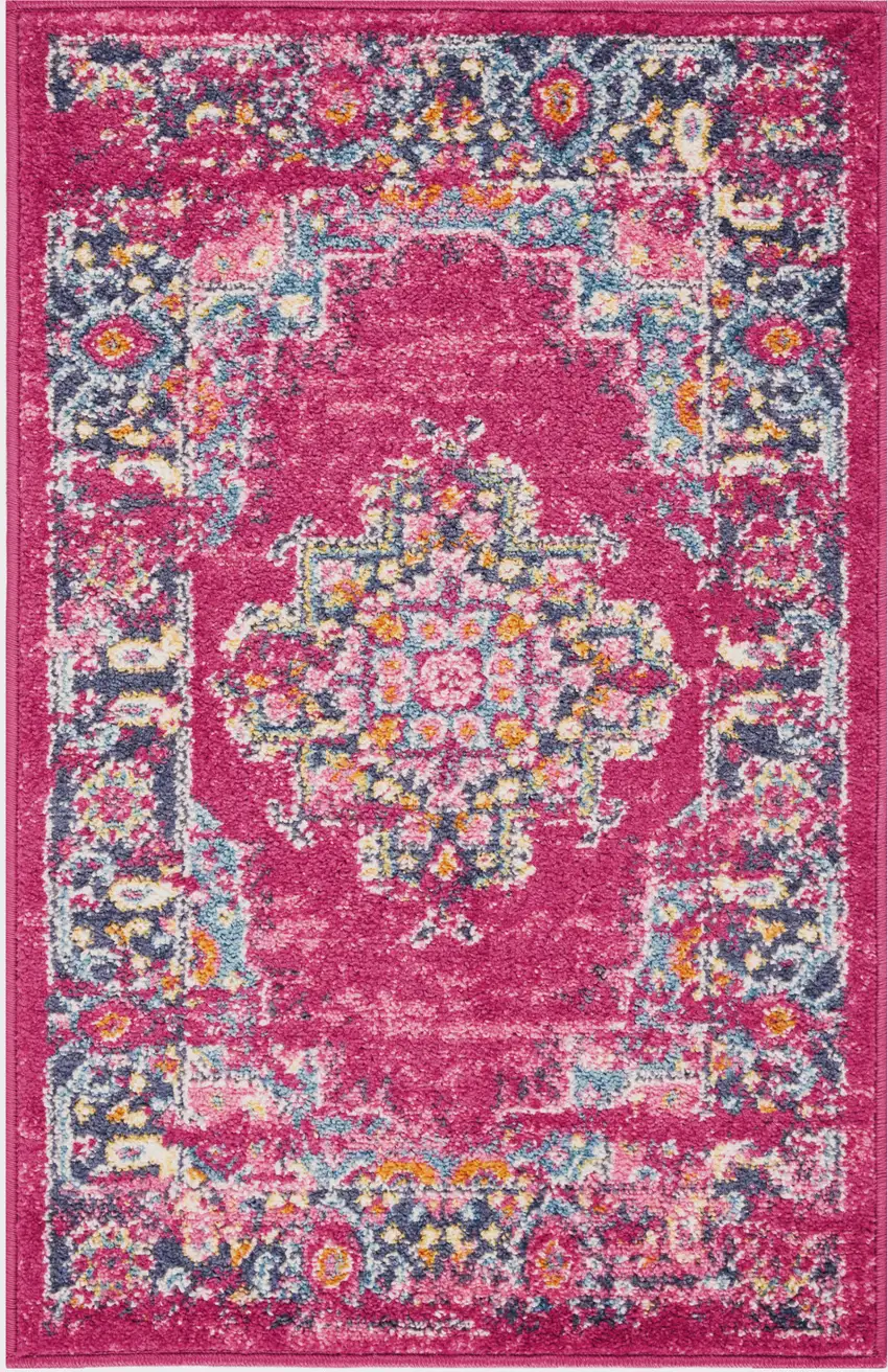Fuchsia And Blue Oriental Distressed Area Rug Photo 5