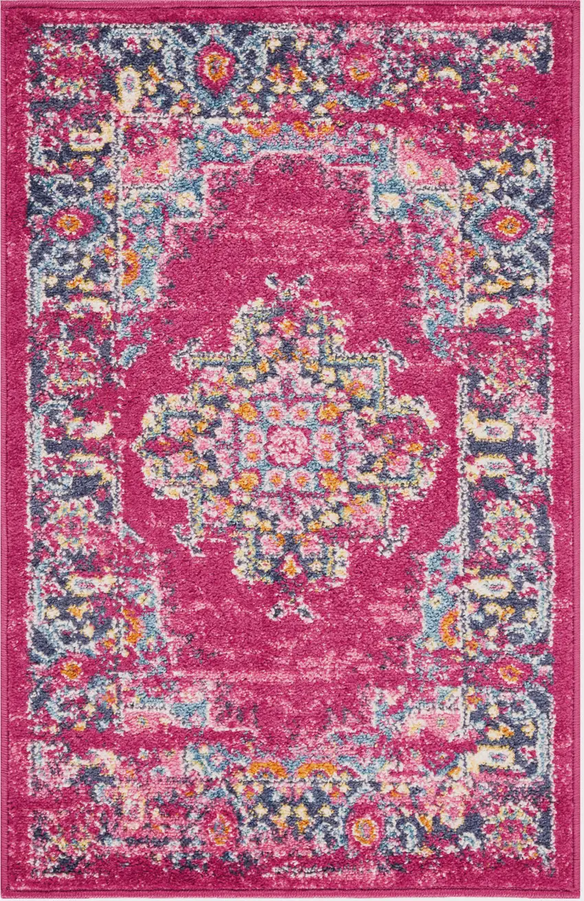 Fuchsia And Blue Oriental Distressed Area Rug Photo 1