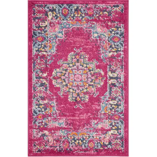Fuchsia And Blue Oriental Distressed Area Rug Photo 1