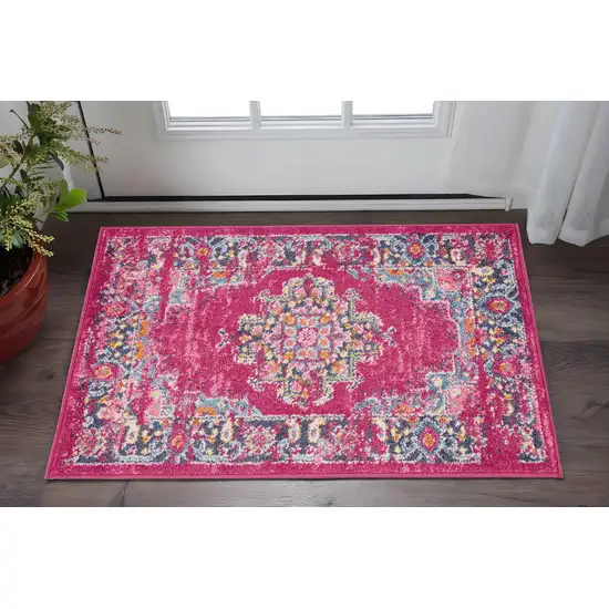 Fuchsia And Blue Oriental Distressed Area Rug Photo 3