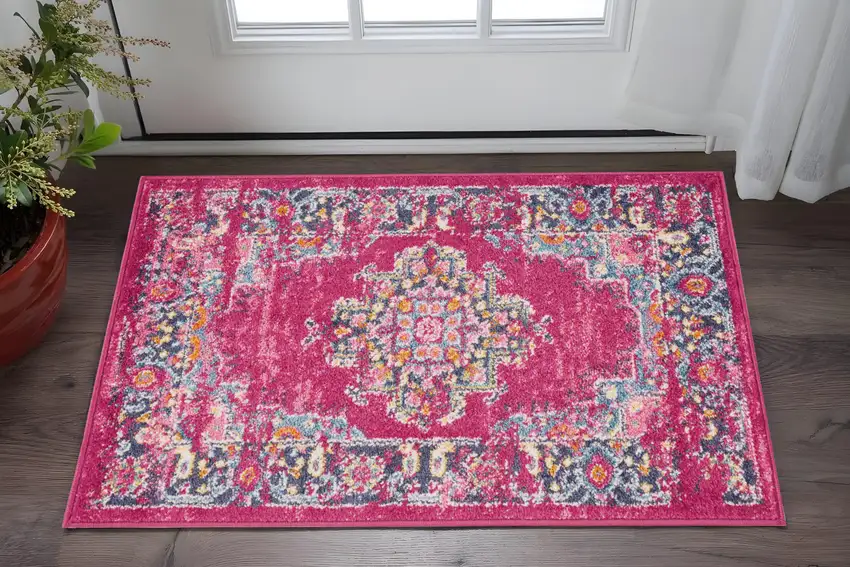 Fuchsia And Blue Oriental Distressed Area Rug Photo 3