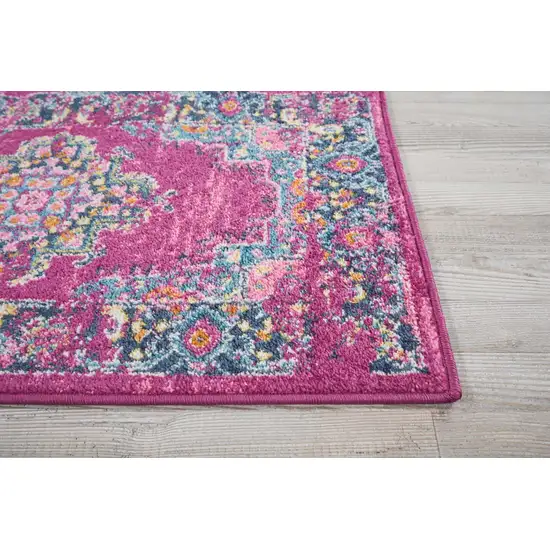 Fuchsia And Blue Oriental Distressed Area Rug Photo 9