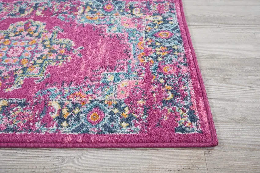 Fuchsia And Blue Oriental Distressed Area Rug Photo 9