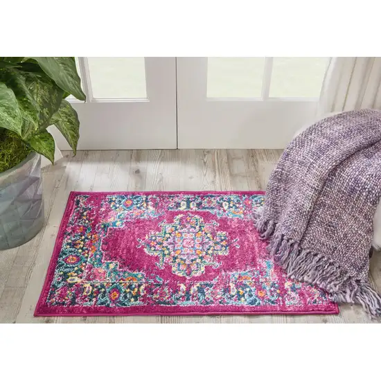 Fuchsia And Blue Oriental Distressed Area Rug Photo 5