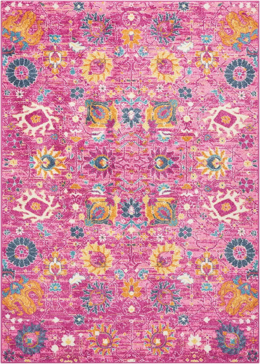 Fuchsia And Orange Floral Distressed Area Rug Photo 9