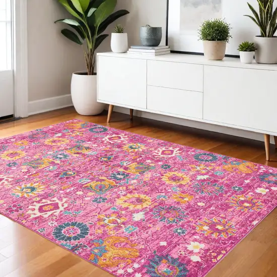 Fuchsia And Orange Floral Distressed Area Rug Photo 2