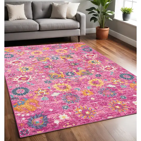 Fuchsia And Orange Floral Distressed Area Rug Photo 2