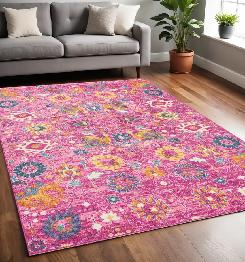 Fuchsia And Orange Floral Distressed Area Rug Photo 2