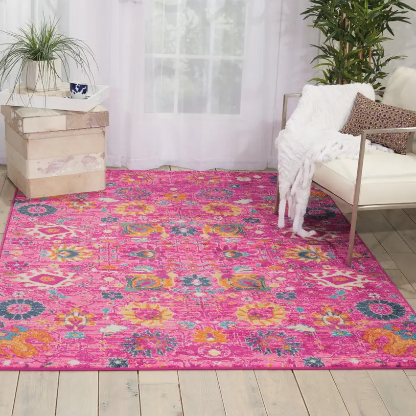 Fuchsia And Orange Floral Distressed Area Rug Photo 4