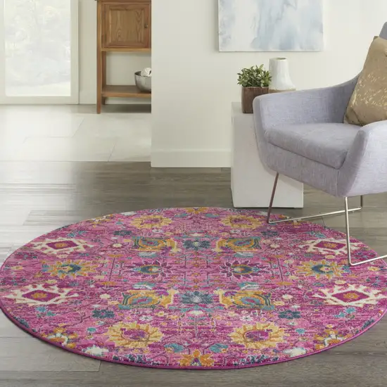 5' Fuchsia And Orange Floral Distressed Round Rug Photo 3