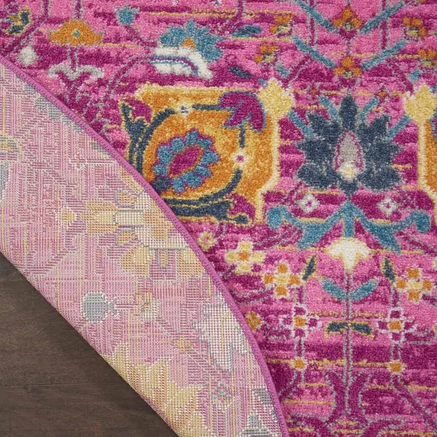 5' Fuchsia And Orange Floral Distressed Round Rug Photo 8