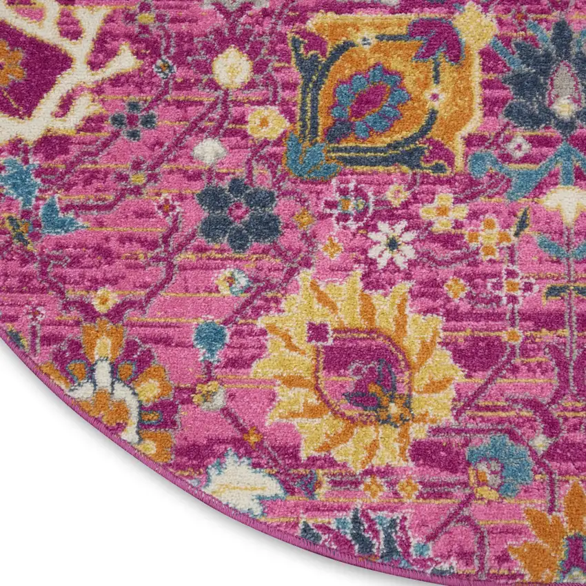 5' Fuchsia And Orange Floral Distressed Round Rug Photo 8