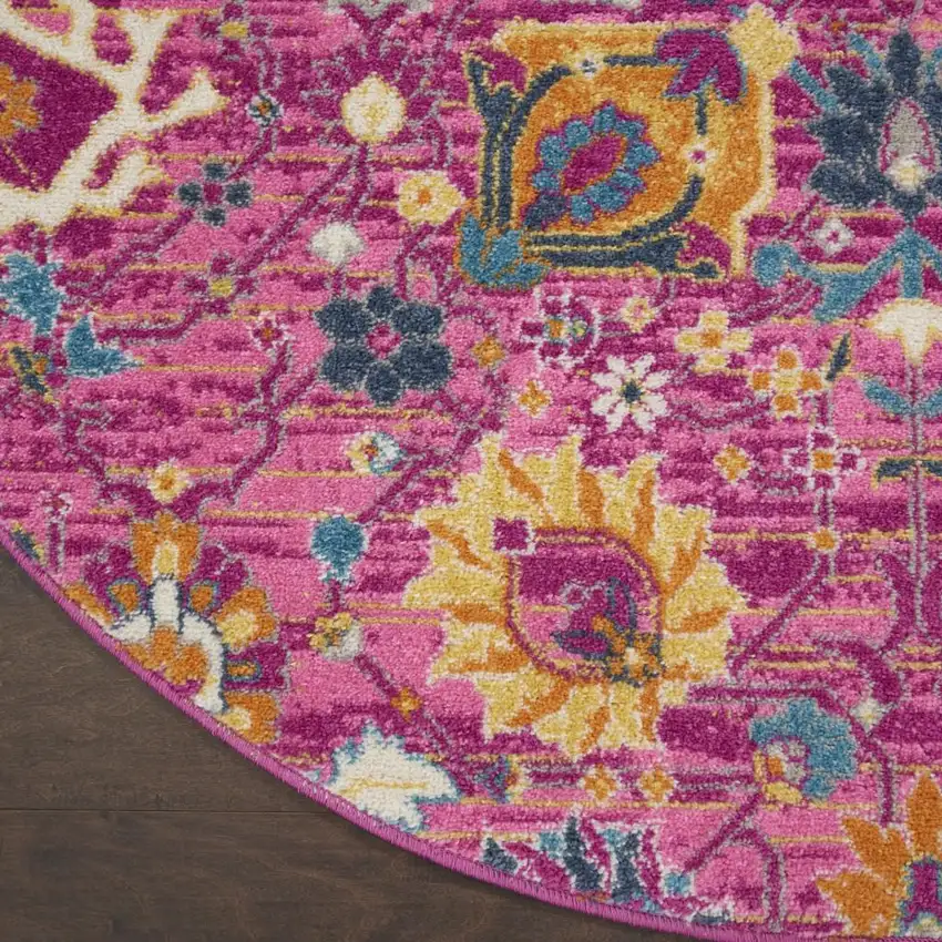 5' Fuchsia And Orange Floral Distressed Round Rug Photo 9