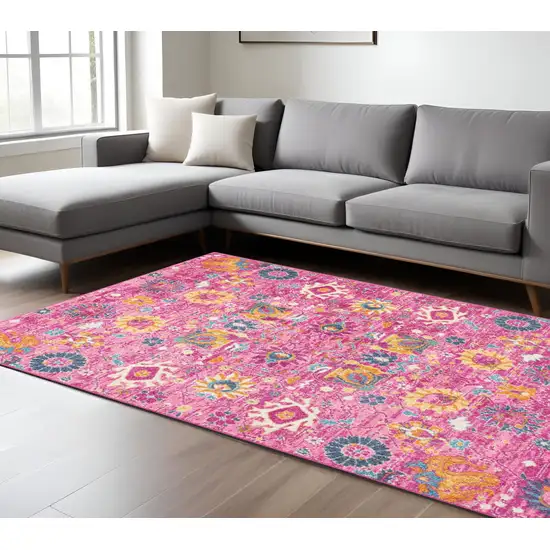 Fuchsia And Orange Floral Distressed Area Rug Photo 2