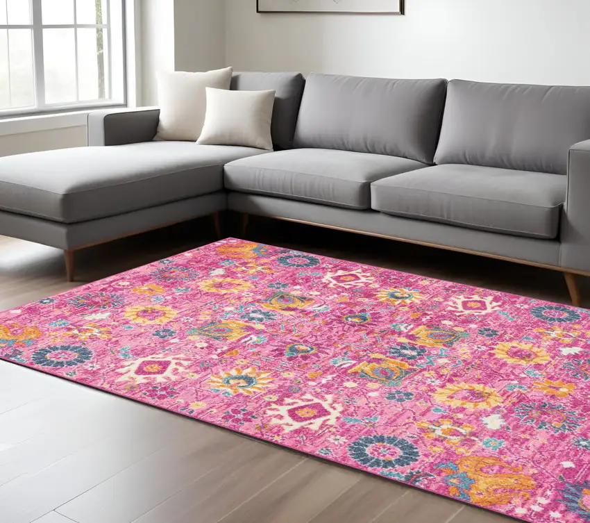 Fuchsia And Orange Floral Distressed Area Rug Photo 2