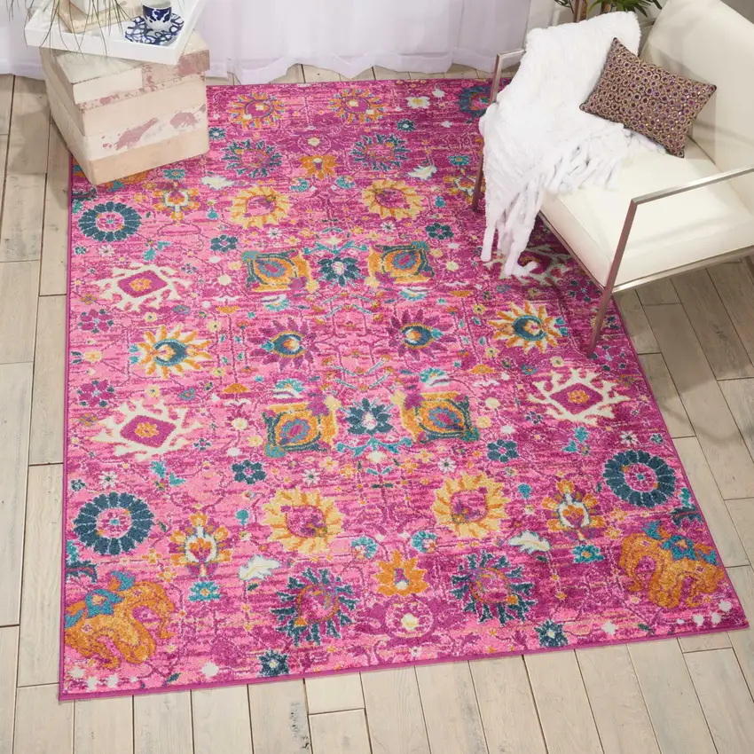 Fuchsia And Orange Floral Distressed Area Rug Photo 4