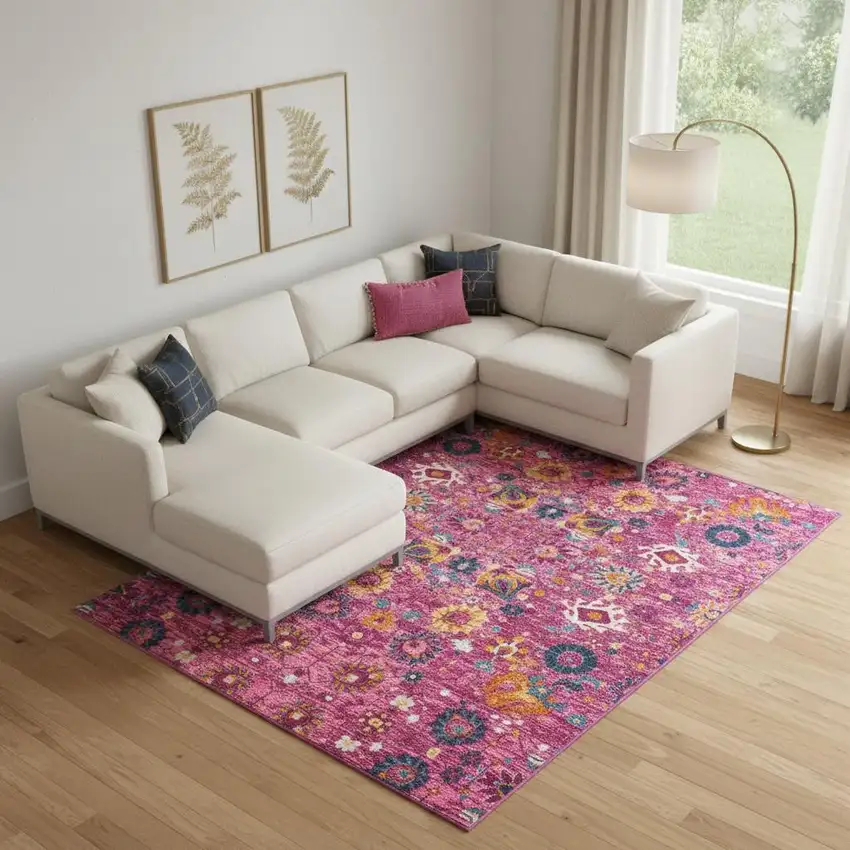 Fuchsia And Orange Floral Distressed Area Rug Photo 1