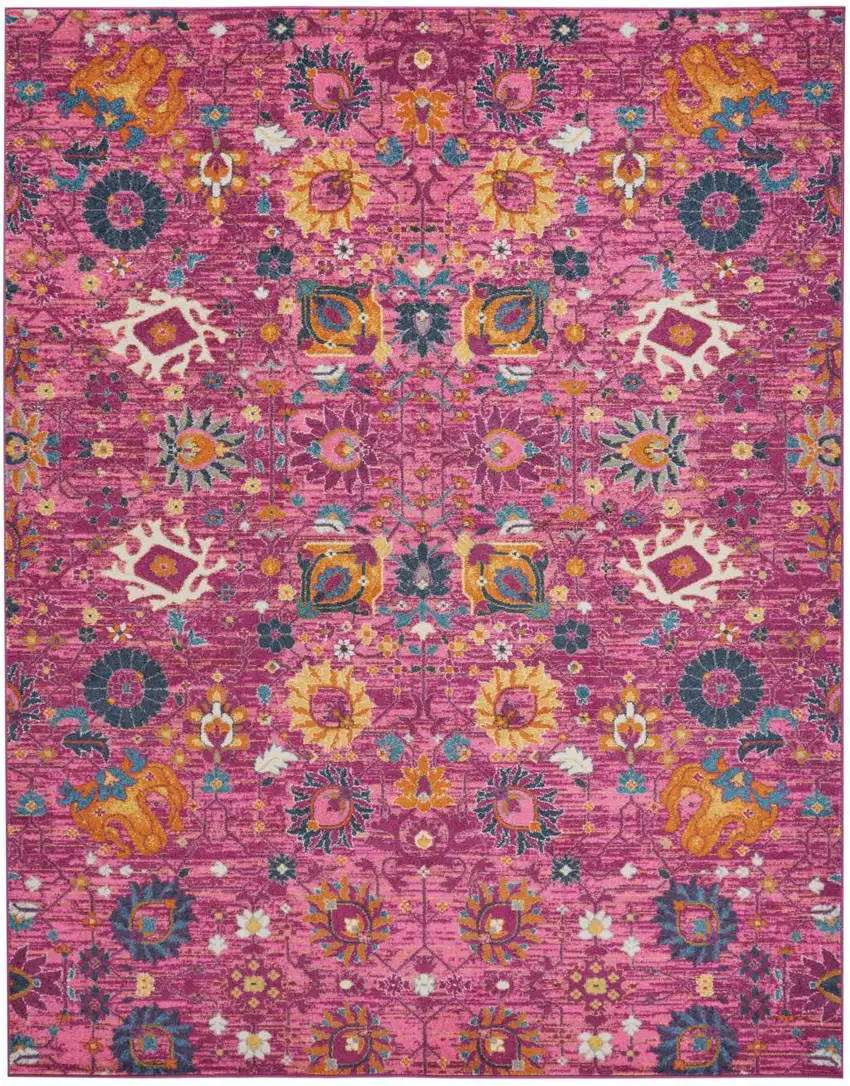 Fuchsia And Orange Floral Distressed Area Rug Photo 9