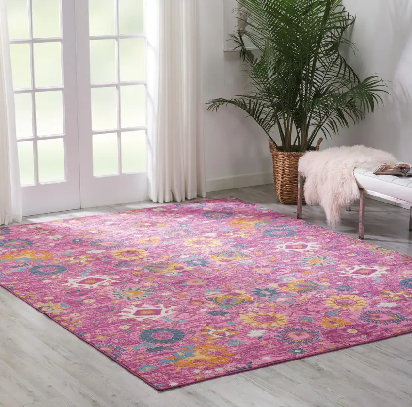 Fuchsia And Orange Floral Distressed Area Rug Photo 7
