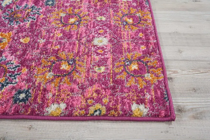 6' Fuchsia And Orange Floral Distressed Runner Rug Photo 9