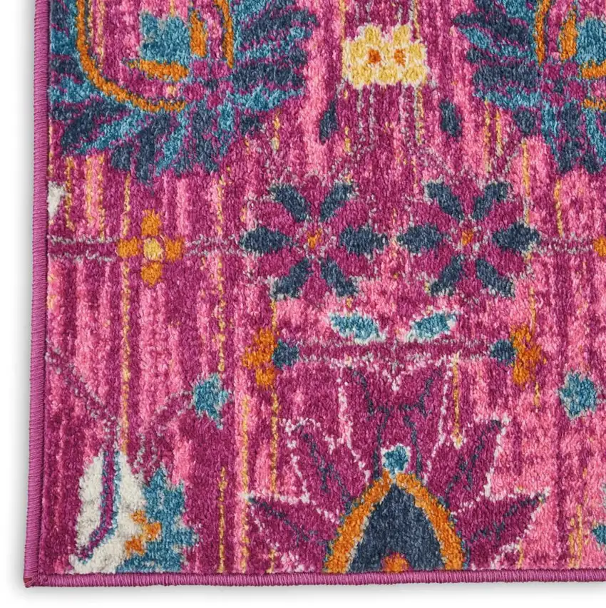 6' Fuchsia And Orange Floral Distressed Runner Rug Photo 8