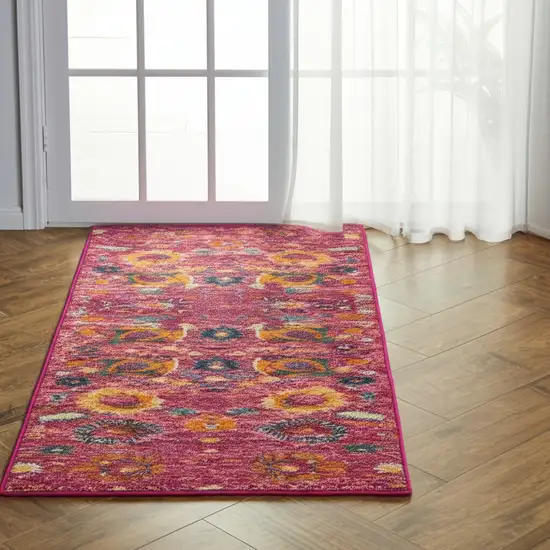 6' Fuchsia And Orange Floral Distressed Runner Rug Photo 2