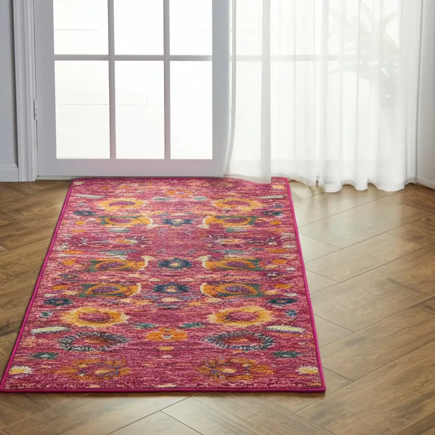 6' Fuchsia And Orange Floral Distressed Runner Rug Photo 2