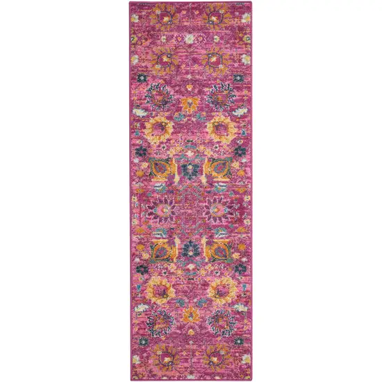 6' Fuchsia And Orange Floral Distressed Runner Rug Photo 3