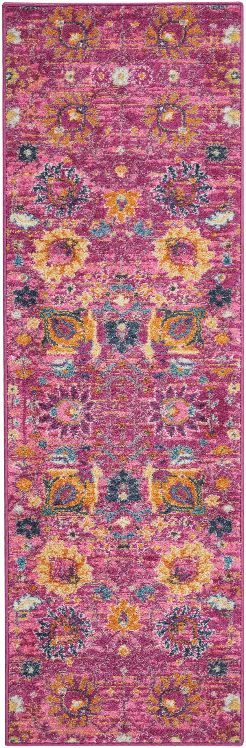 6' Fuchsia And Orange Floral Distressed Runner Rug Photo 3