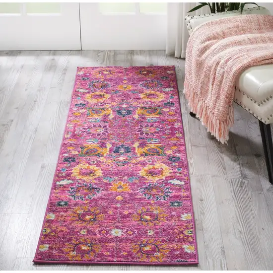 6' Fuchsia And Orange Floral Distressed Runner Rug Photo 5