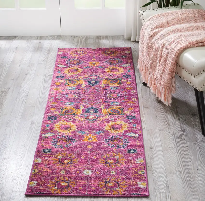 6' Fuchsia And Orange Floral Distressed Runner Rug Photo 5